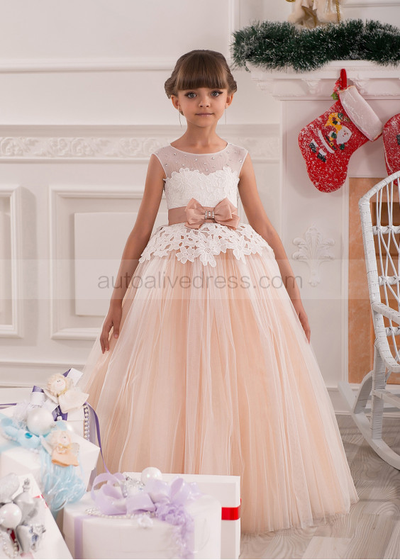Beaded Lace Tulle Keyhole Back Floor Length Stunning Flower Girl Dress 